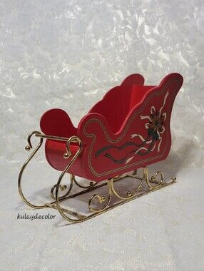 Vintage Red Santa Wood Sleigh Gold Metal Scroll Christmas Holiday Table Decor